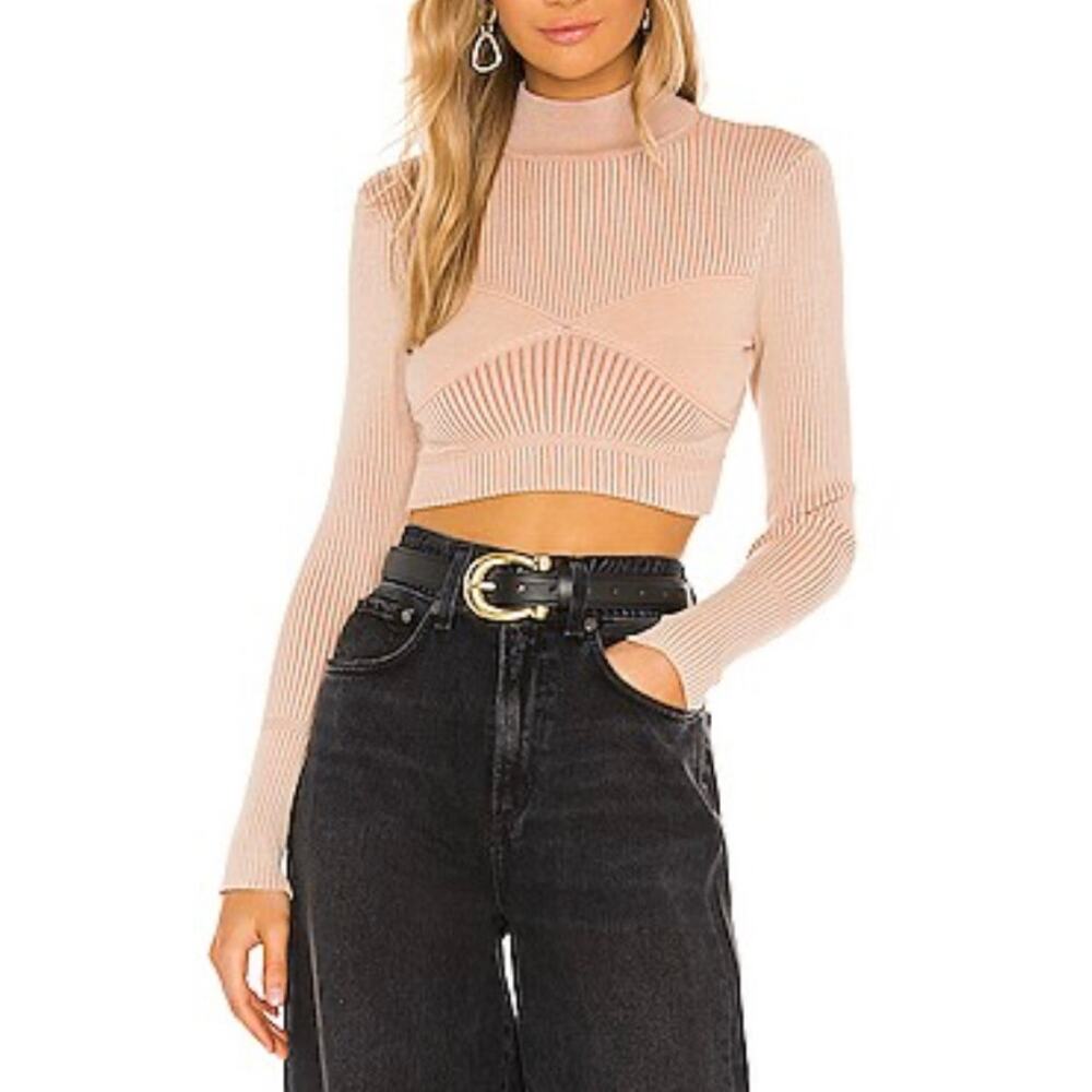 NBD Midori Turtleneck Crop Sweater Top Beige